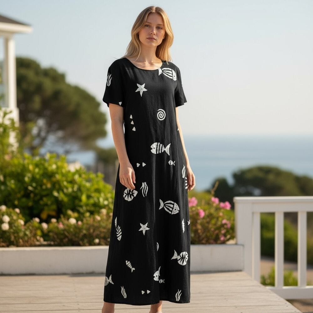 Vintage Connie Choi Dress Womens M Black Fish Shell Nautical Resort Coconut Girl